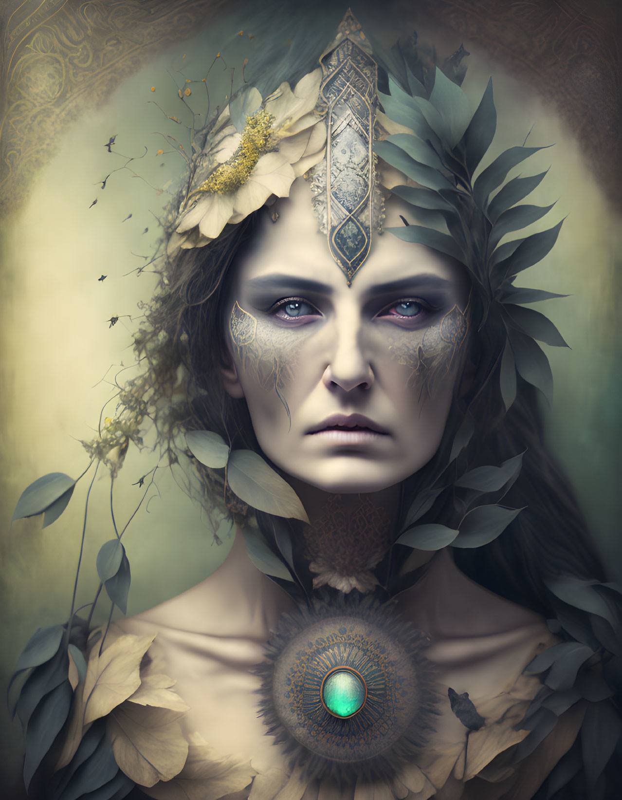 Digital portrait featuring person with intense blue eyes and intricate headpiece.