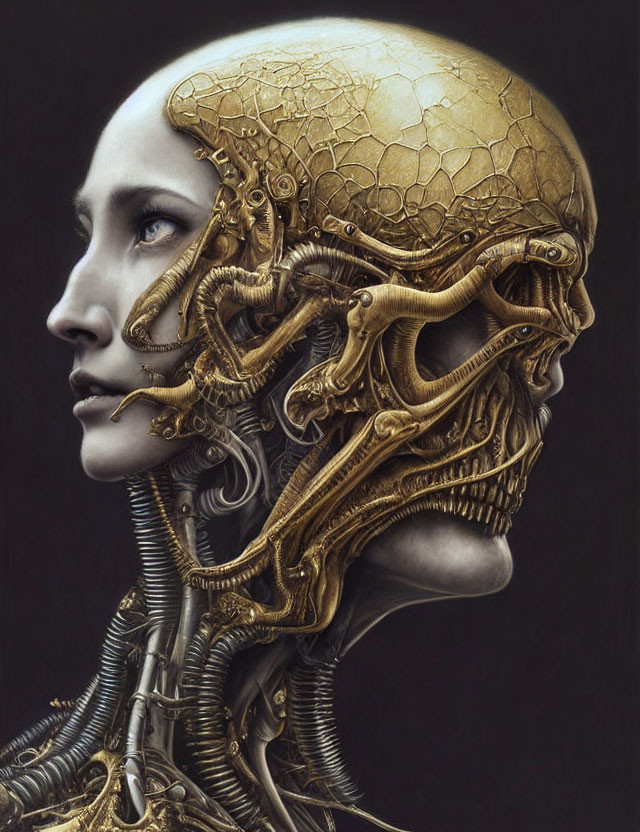 Detailed humanoid figure with half mechanical face on dark background