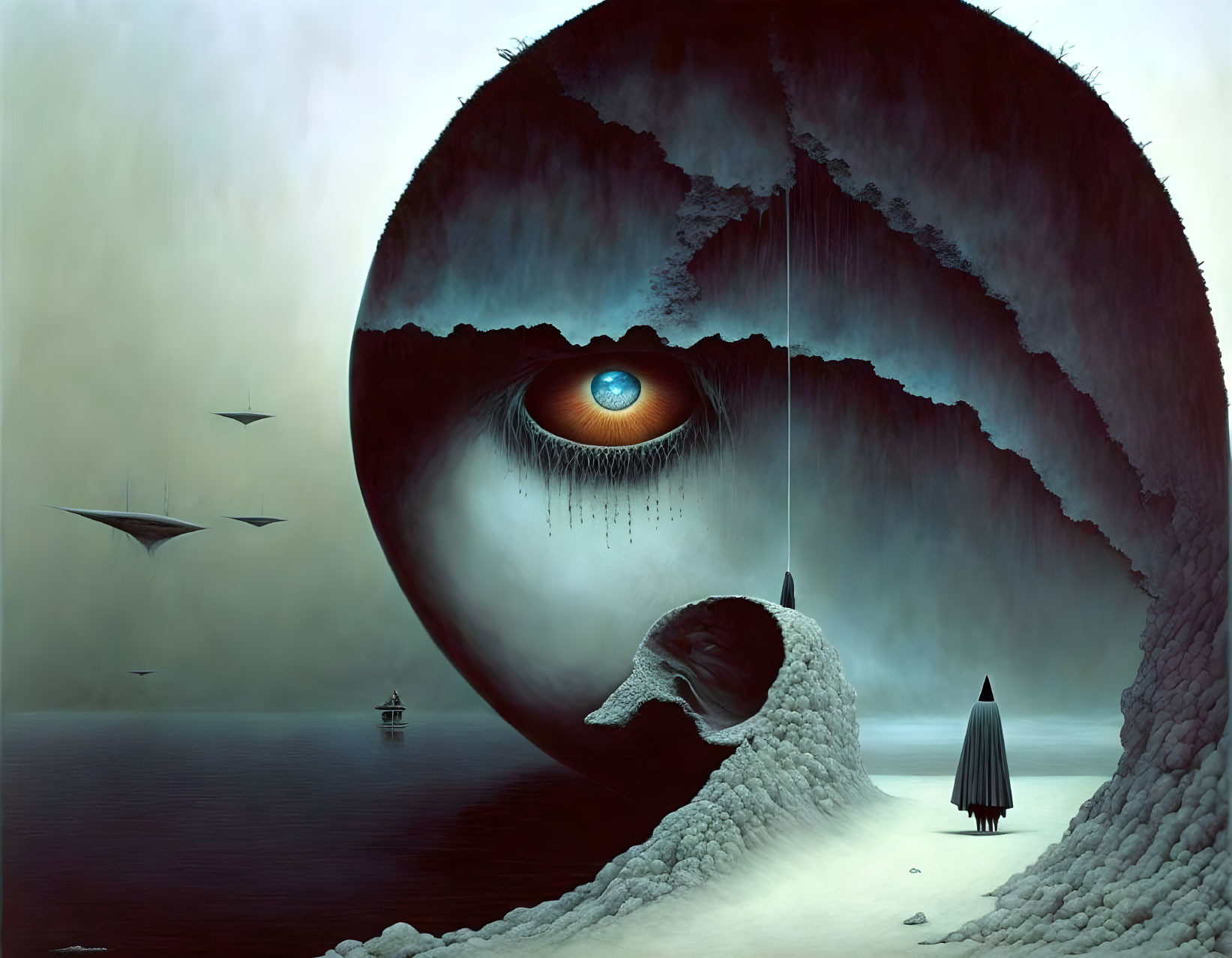 Surreal landscape with enormous eye in cave, overlooking tranquil sea