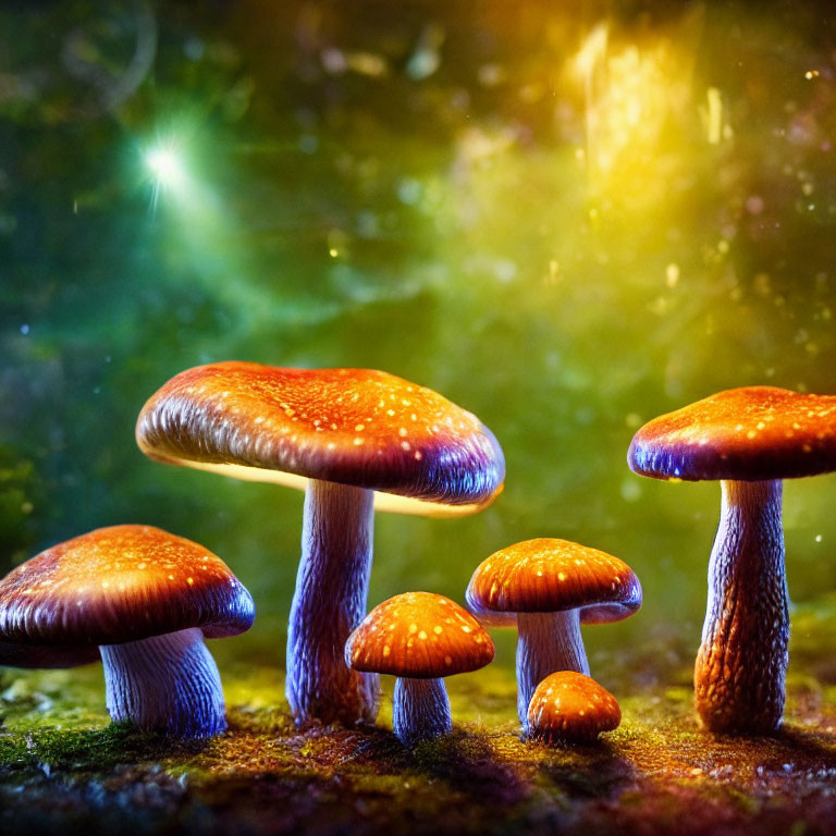 Colorful Mushrooms on Mossy Surface with Magical Illuminated Background