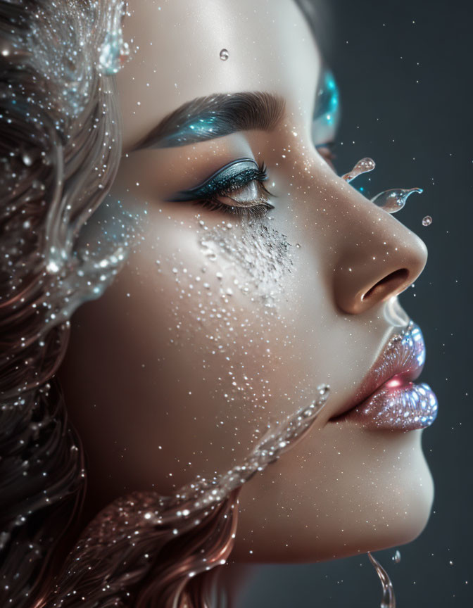 Close-Up of Woman's Face with Water Droplets and Blue Eye Shadow