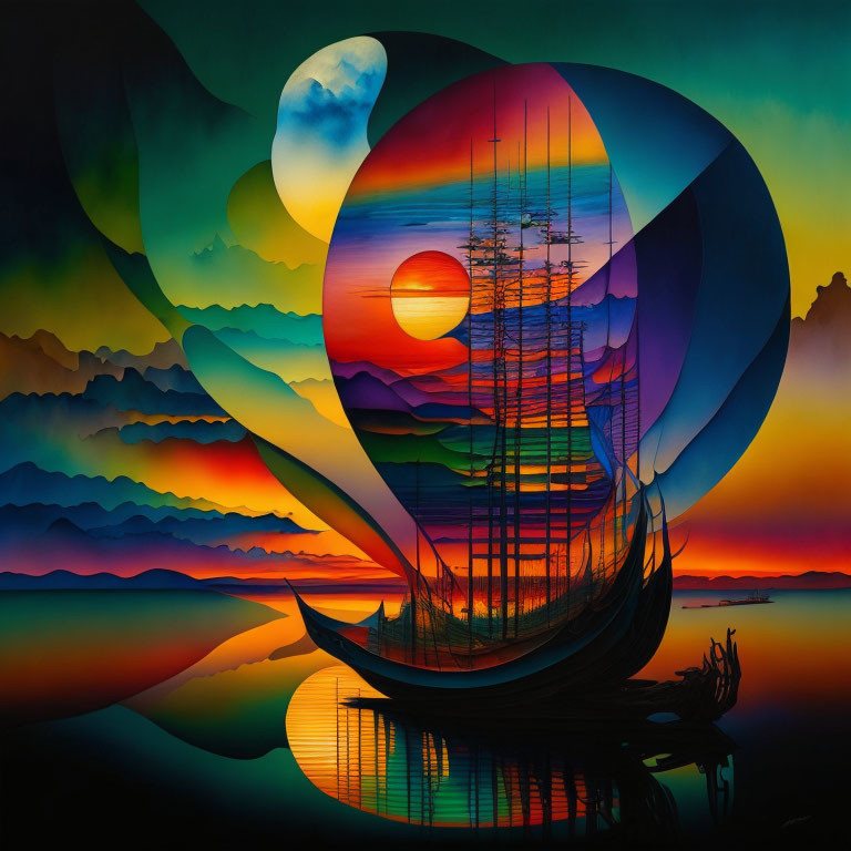 Colorful Ship Painting with Hills, Sunset, and Moon