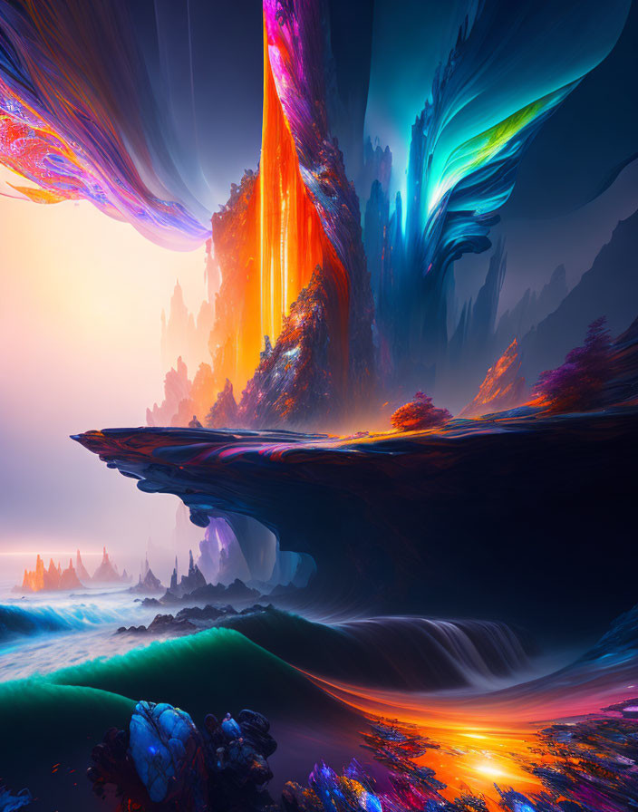 Fantastical landscape with vivid colors and surreal geological formations