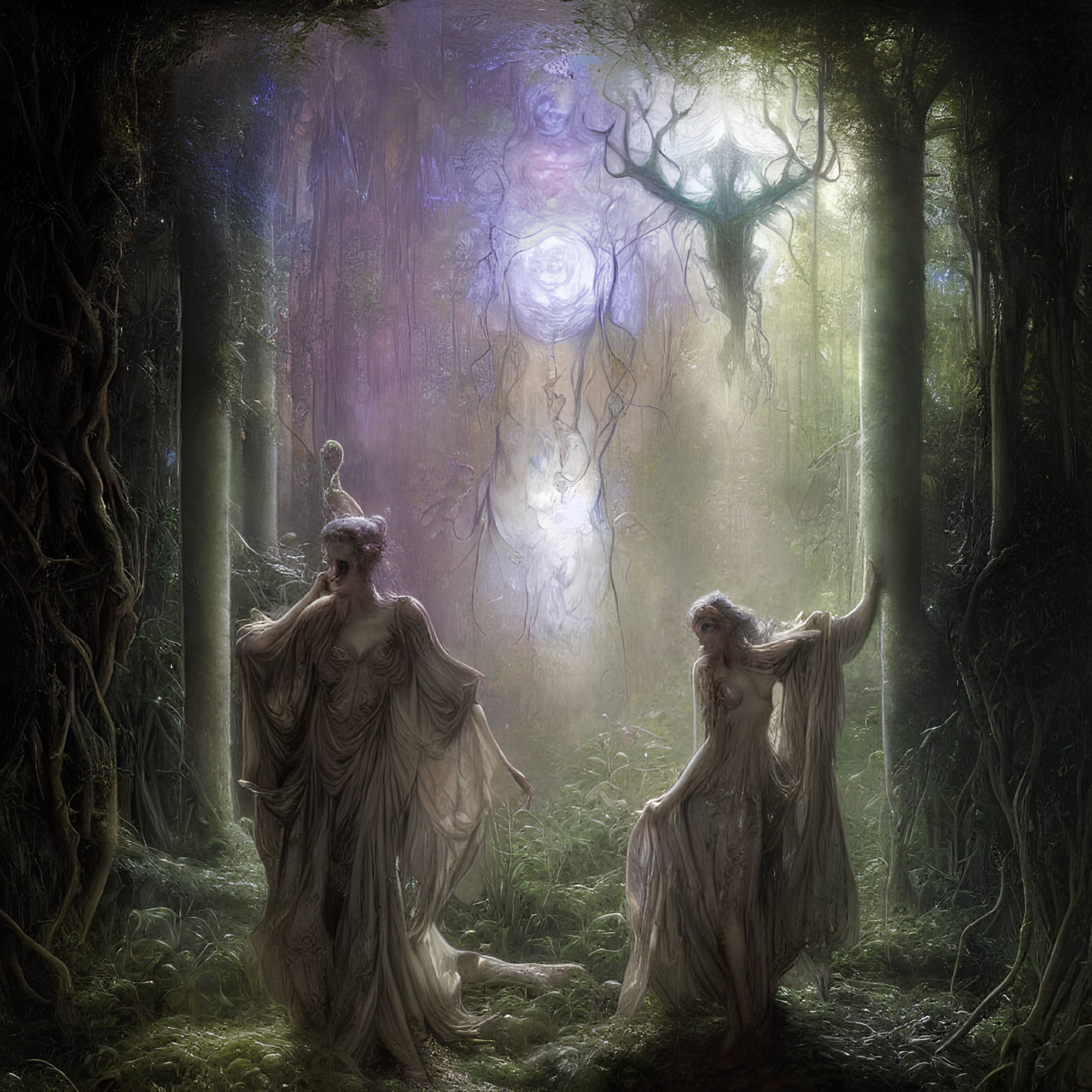 Ethereal forest scene with robed figures under purple sky