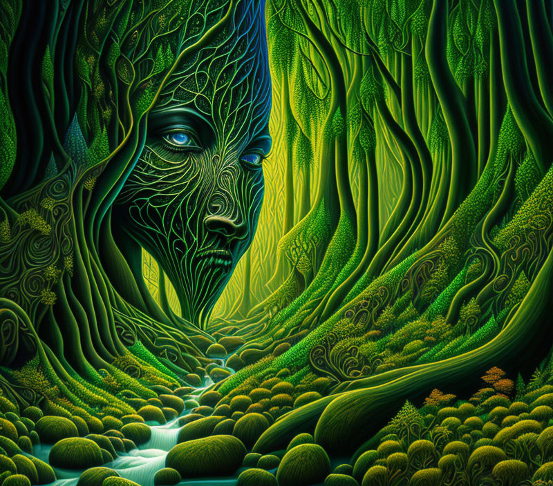 Surreal forest with face-like tree, vibrant greens, intricate leaf patterns, and a stream