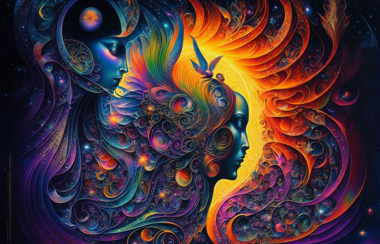 Colorful Psychedelic Woman Profile with Cosmic Celestial Elements