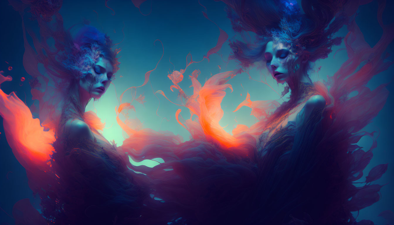 Ethereal beings blend into fiery and smoky abstract shapes