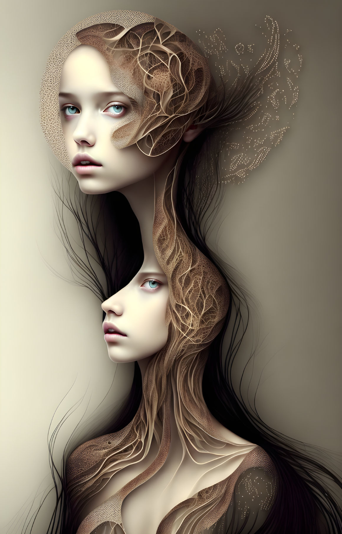 Elongated necks digital artwork of two women with pale skin