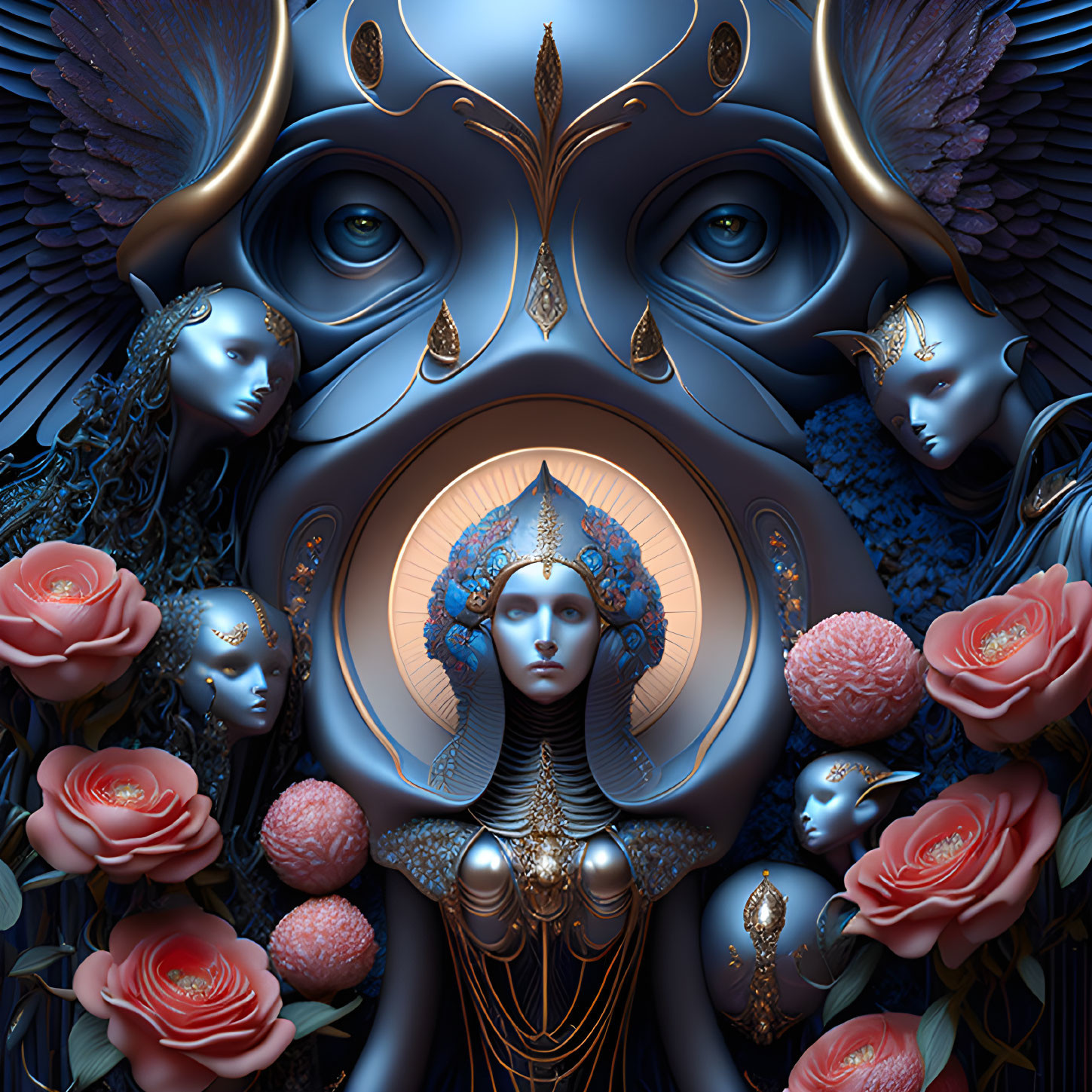 Detailed digital artwork of central blue figure with ornate headdresses, peacock feathers, and red roses