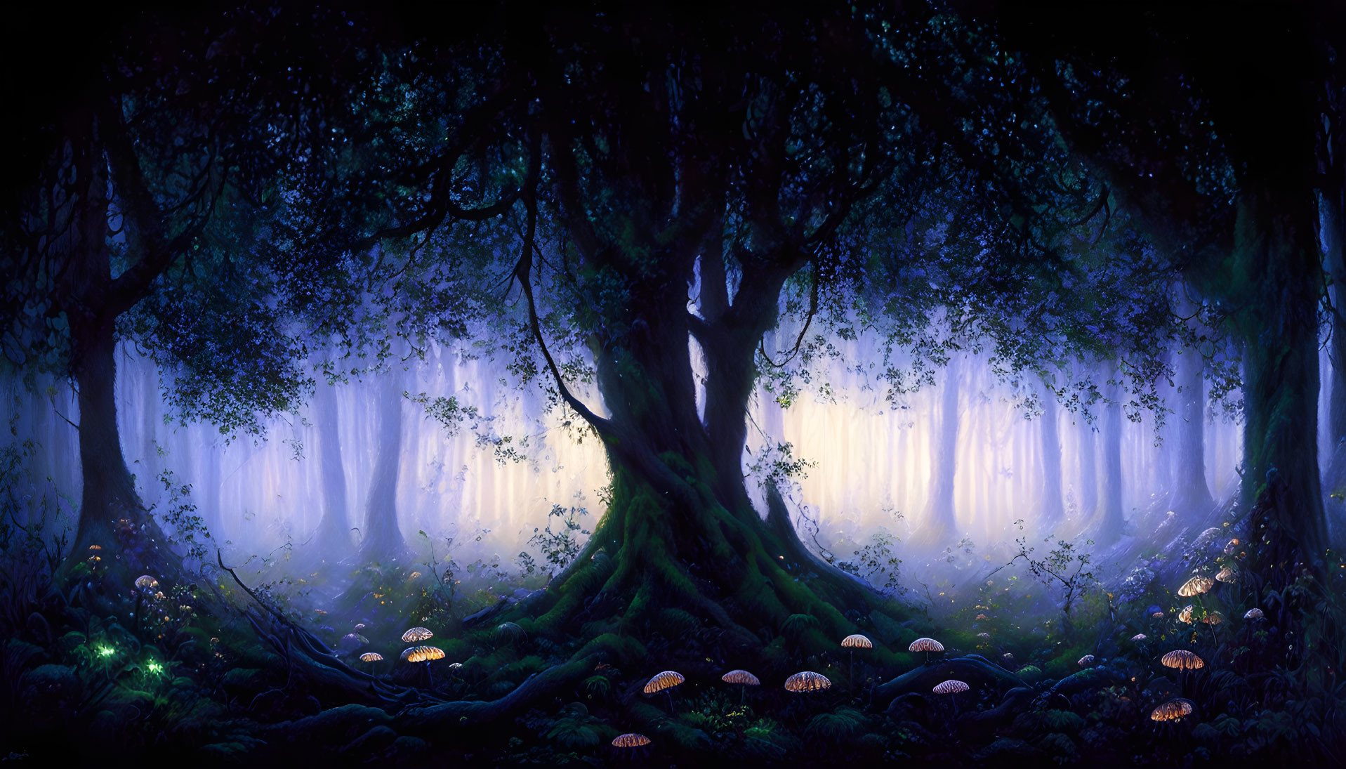 Enchanted nighttime forest with glowing mushrooms and large tree