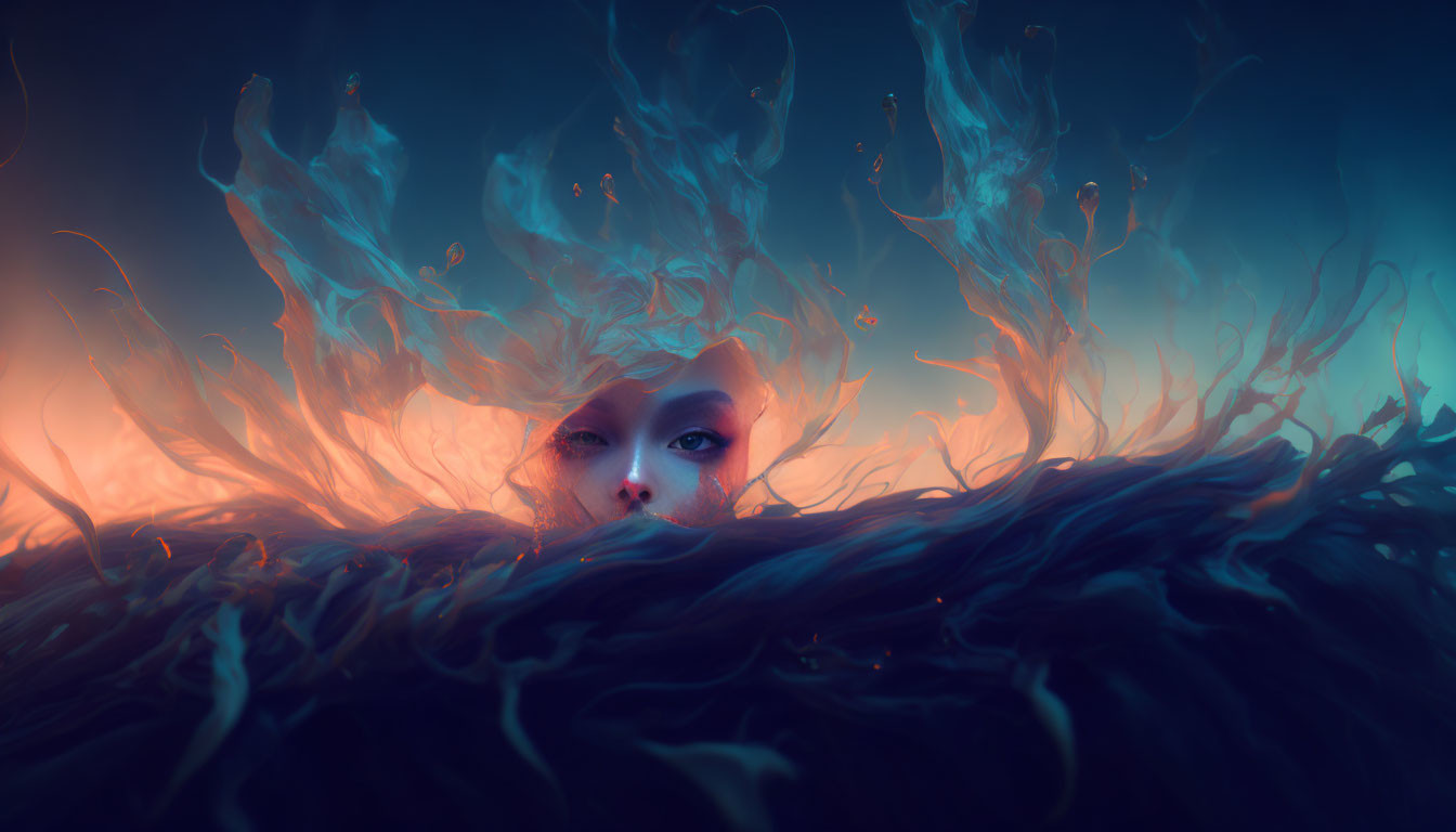 Person submerged in water with ethereal flames - surreal portrait