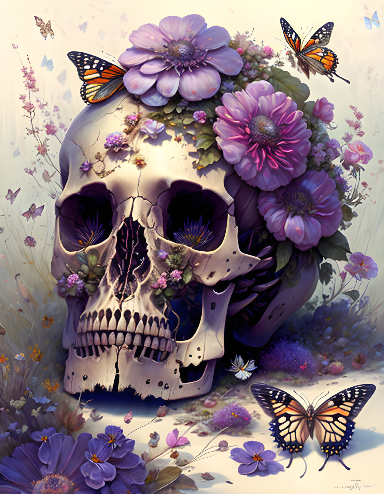 Illustrated human skull with purple and pink flowers, foliage, and butterflies on soft background