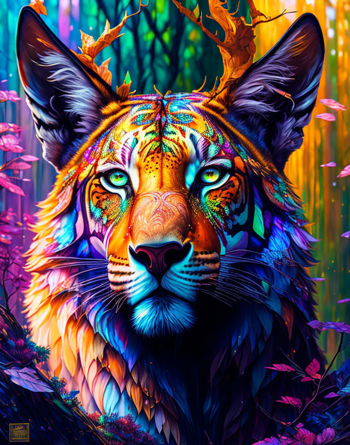 Colorful Fox with Tribal Patterns in Psychedelic Forest