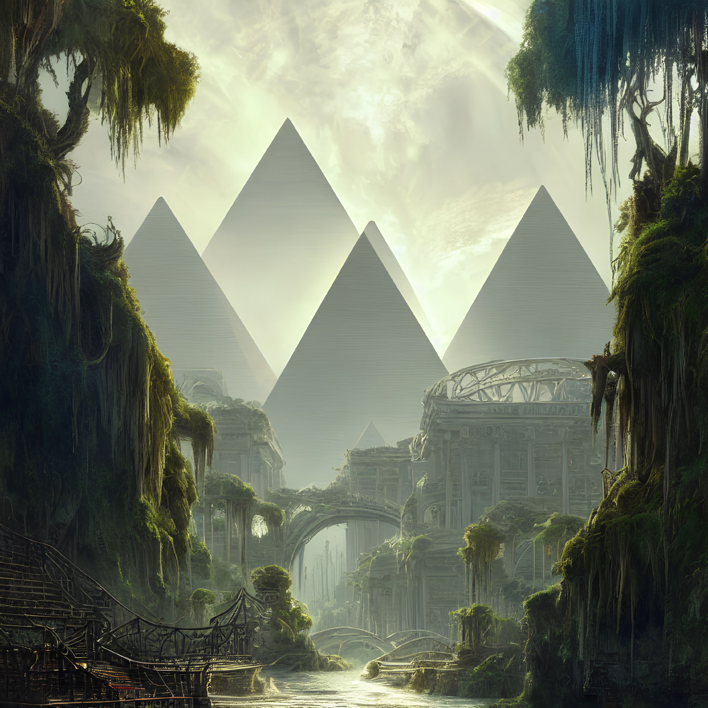 Ethereal landscape with Egyptian pyramids, lush vegetation, arches, and mist