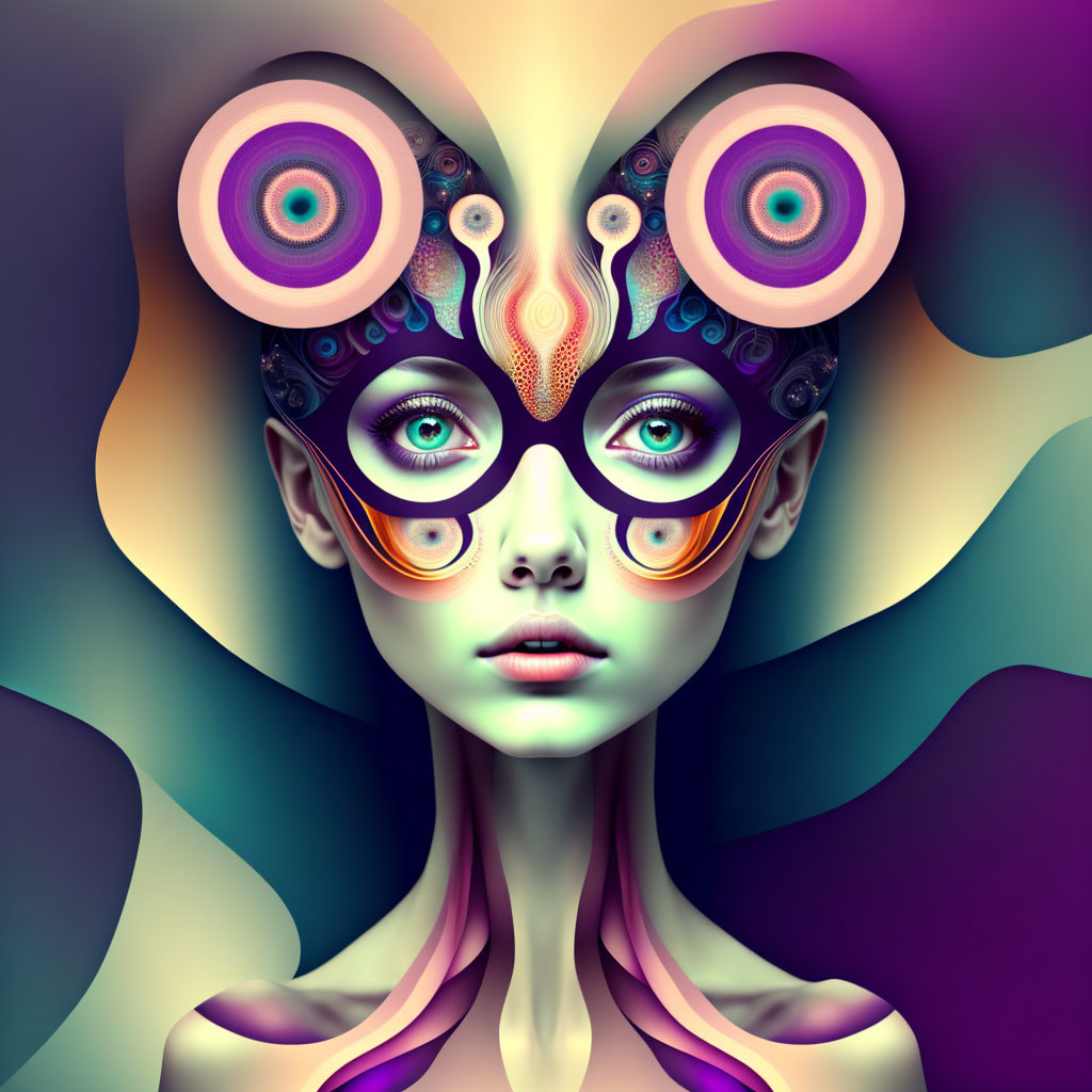 Multicolored surreal portrait with circular designs and vibrant glasses