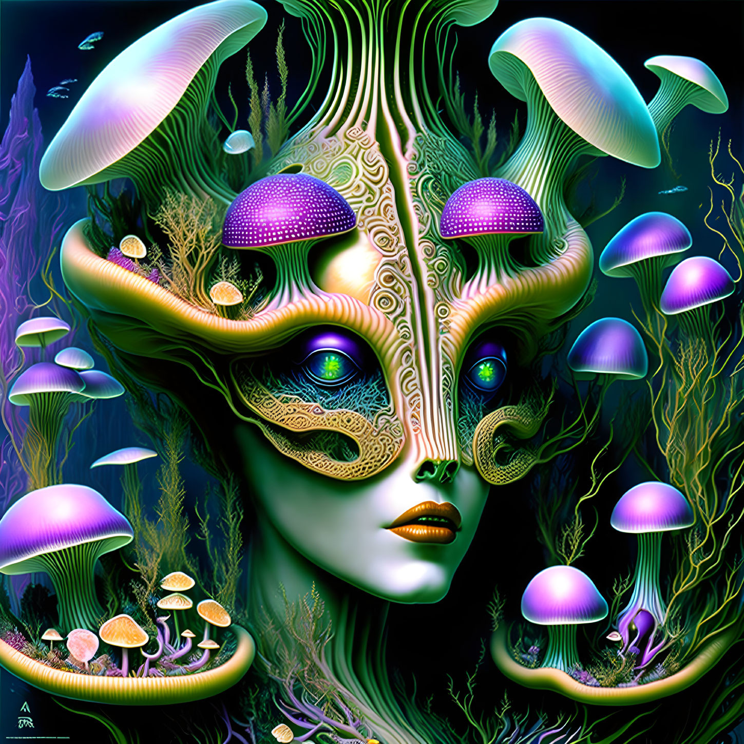 Surreal portrait featuring vibrant mushrooms and glowing lights