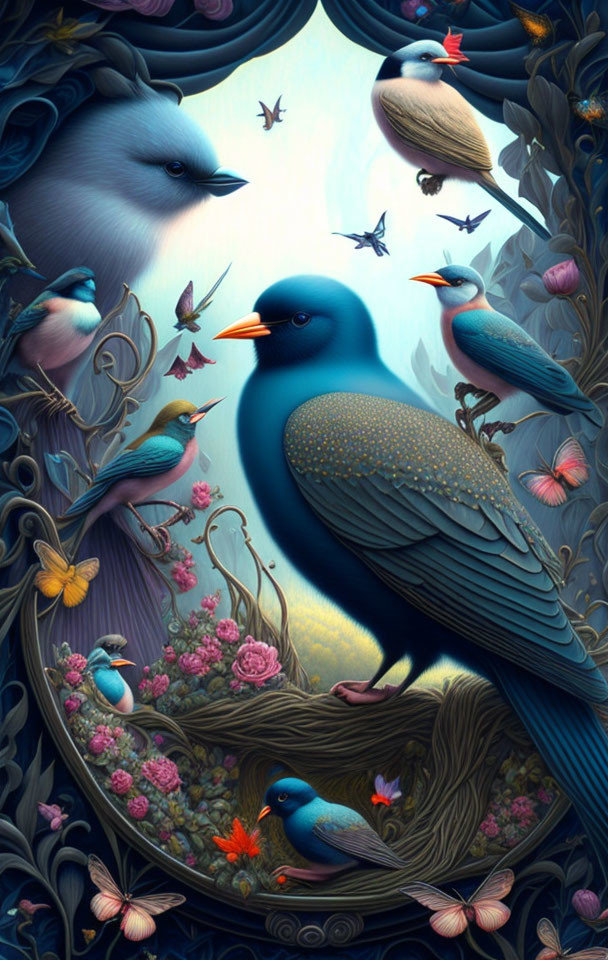 Colorful Birds, Butterflies, and Flora in Symmetrical Fantasy Art