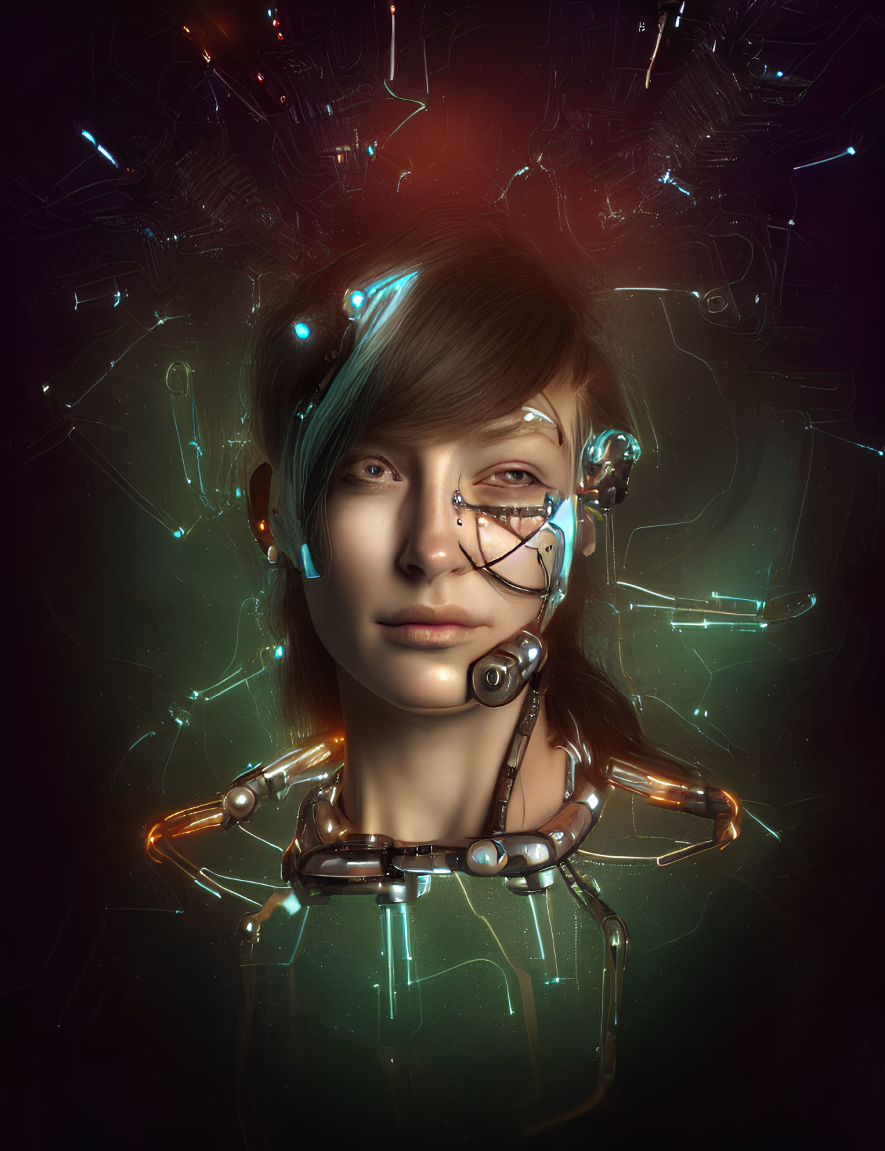 Futuristic portrait of person with cybernetic enhancements & neon circuitry