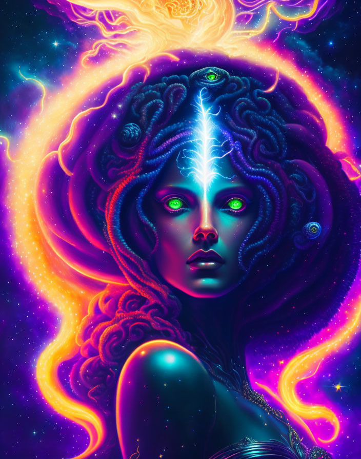 Colorful portrait of female figure with cosmic features and glowing third eye.