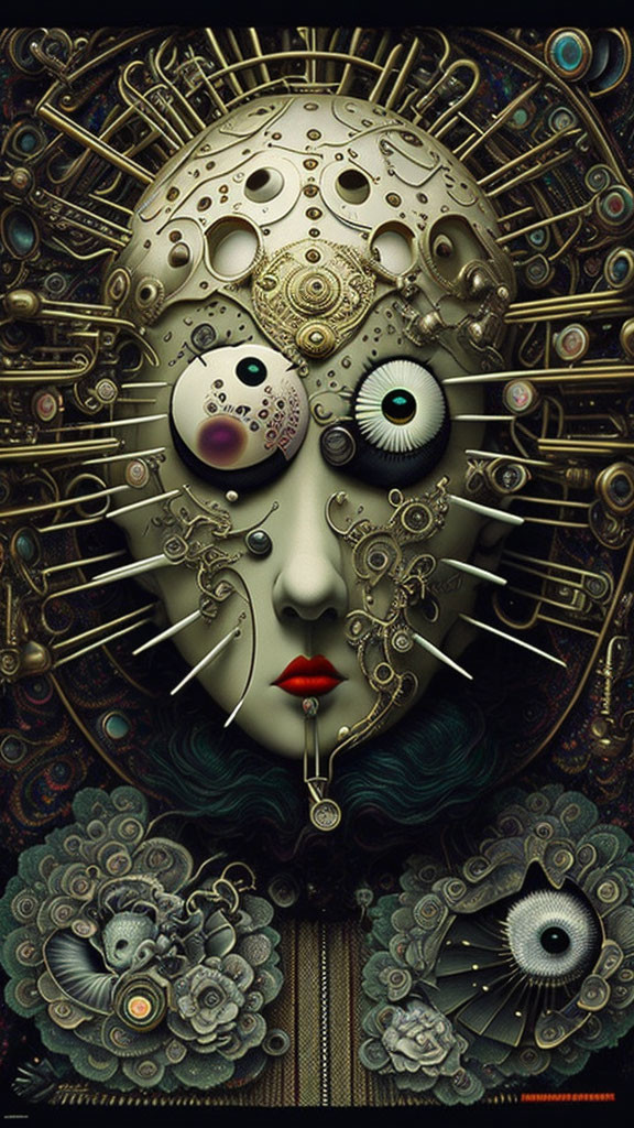 Surreal portrait blending woman's face with mechanical and steampunk elements