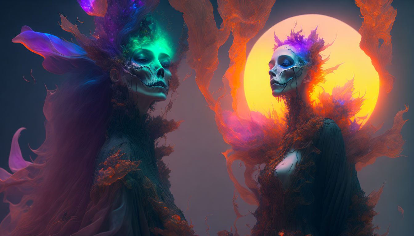 Mystical skeleton figures with elaborate headdresses in vibrant sun backdrop