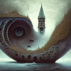 Surreal landscape with eye-shaped landmass, spire, tree, and boat