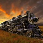 Cosmos-themed train in surreal twilight landscape
