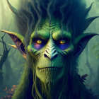 Fantastical creature with green skin and horns in mystical forest