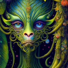 Colorful artwork: fantastical creature with green skin, large blue eyes, intricate patterns, lush foliage