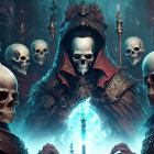 Dark Crowned Figure with Skull Face and Blue Staff surrounded by Skulls