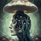 Surreal artwork: Woman's face merges with tree trunk, crowned by mushroom cap in misty