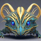 Fantasy creature with ram-like horns and captivating blue eyes