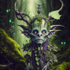 Majestic forest creature with antlers, blue eyes, and green foliage emerging from moss-covered woods