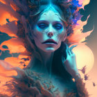 Fantastical portrait of woman with fiery, leaf-like elements and haunting expression in blue and orange glow