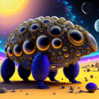 Vibrant creature with blue hairy legs in alien desert landscape