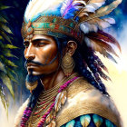 Detailed illustration: Man in Native American regalia with feather headdress, beadwork, and earrings