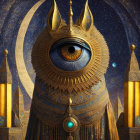 Fantastical painting of Egyptian-style eye with celestial bodies and golden spires