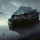 Giant Skull-shaped Island in Misty Aquatic Landscape