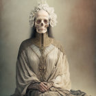 Skeleton with Blue Hair in Vintage Cream Dress and Symbolic Headdress