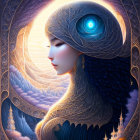 Surreal artwork of woman with cosmic headdress in mountain landscape