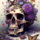 Illustrated human skull with purple and pink flowers, foliage, and butterflies on soft background