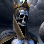 Regal skeletal figure in raven-themed armor under stormy sky