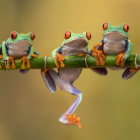 Colorful Tree Frogs on Green Branch in Autumn Setting