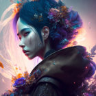 Surreal portrait of a woman with blue hair and floral adornments