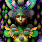 Digital artwork: Humanoid figure with plant-like features in vibrant green tones