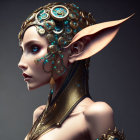 Fantasy female character with pointed ears in golden headgear and teal gemstones