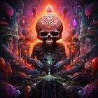 Colorful Psychedelic Artwork: Skull Structure with Ornate Spires in Orange Background