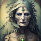 Digital portrait featuring person with intense blue eyes and intricate headpiece.