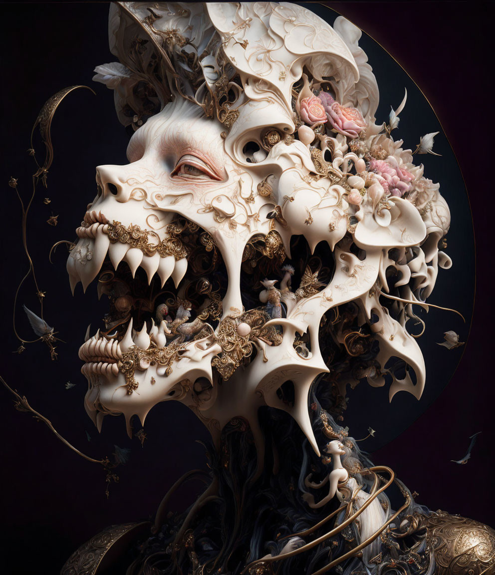 Fantastical 3D digital artwork of skull-like creature with ornate floral and baroque elements