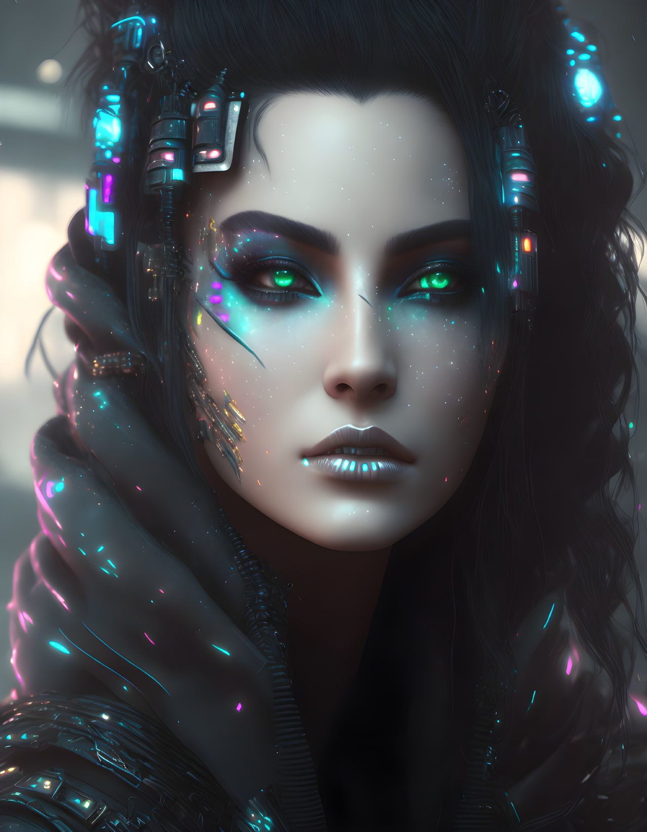 Woman with Cybernetic Enhancements and Glowing Blue Eyes in Futuristic Portrait